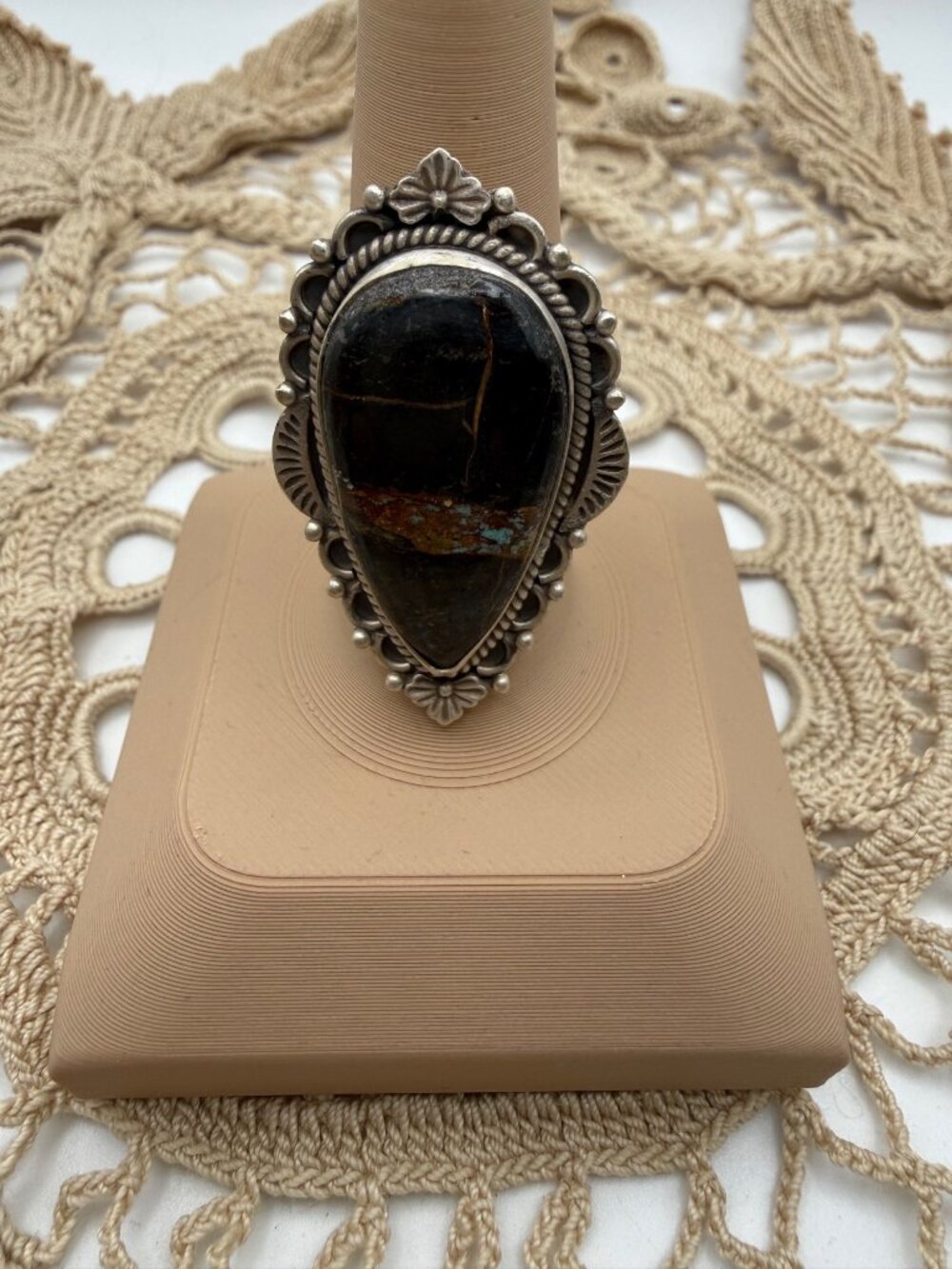 Artisan Black jack turquoise sterling silver statement ring adj Southwest boho